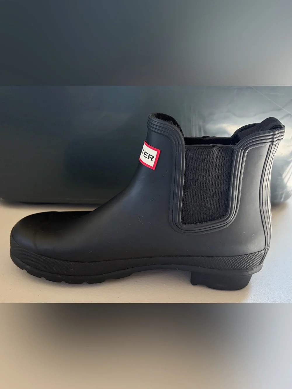 Hunter Black Short Chelsea Rain Boots with Red Logo